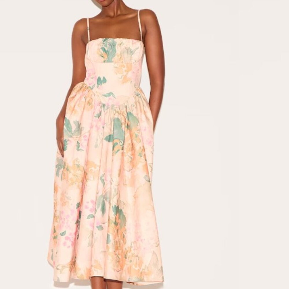 Pink Abstract Floral Ruched Bust Corset Strappy Midaxi Dress